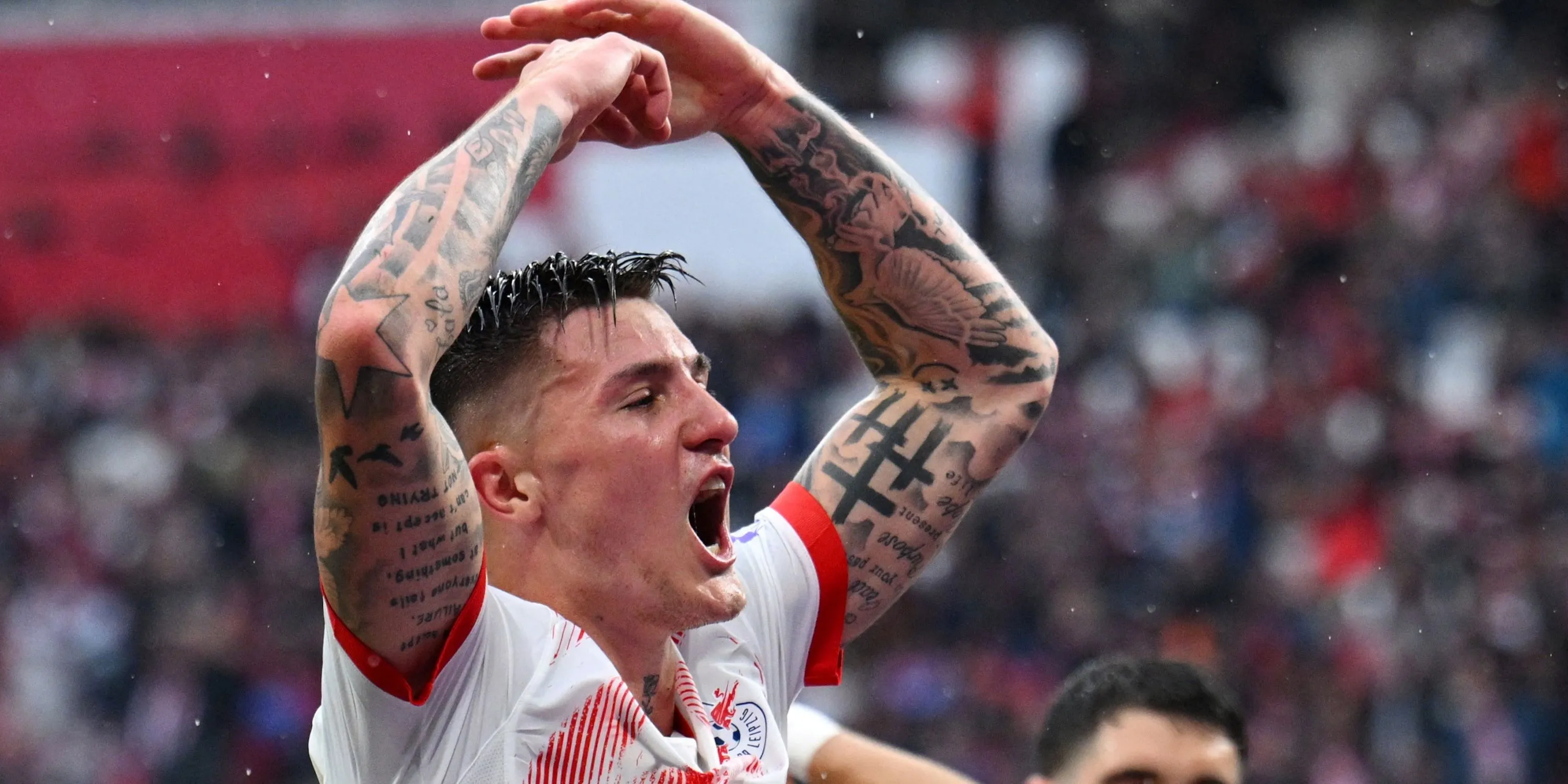 Benjamin Sesko ăn mừng bàn thắng cho RB Leipzig - mục tiêu chuyển nhượng tiềm năng của Liverpool