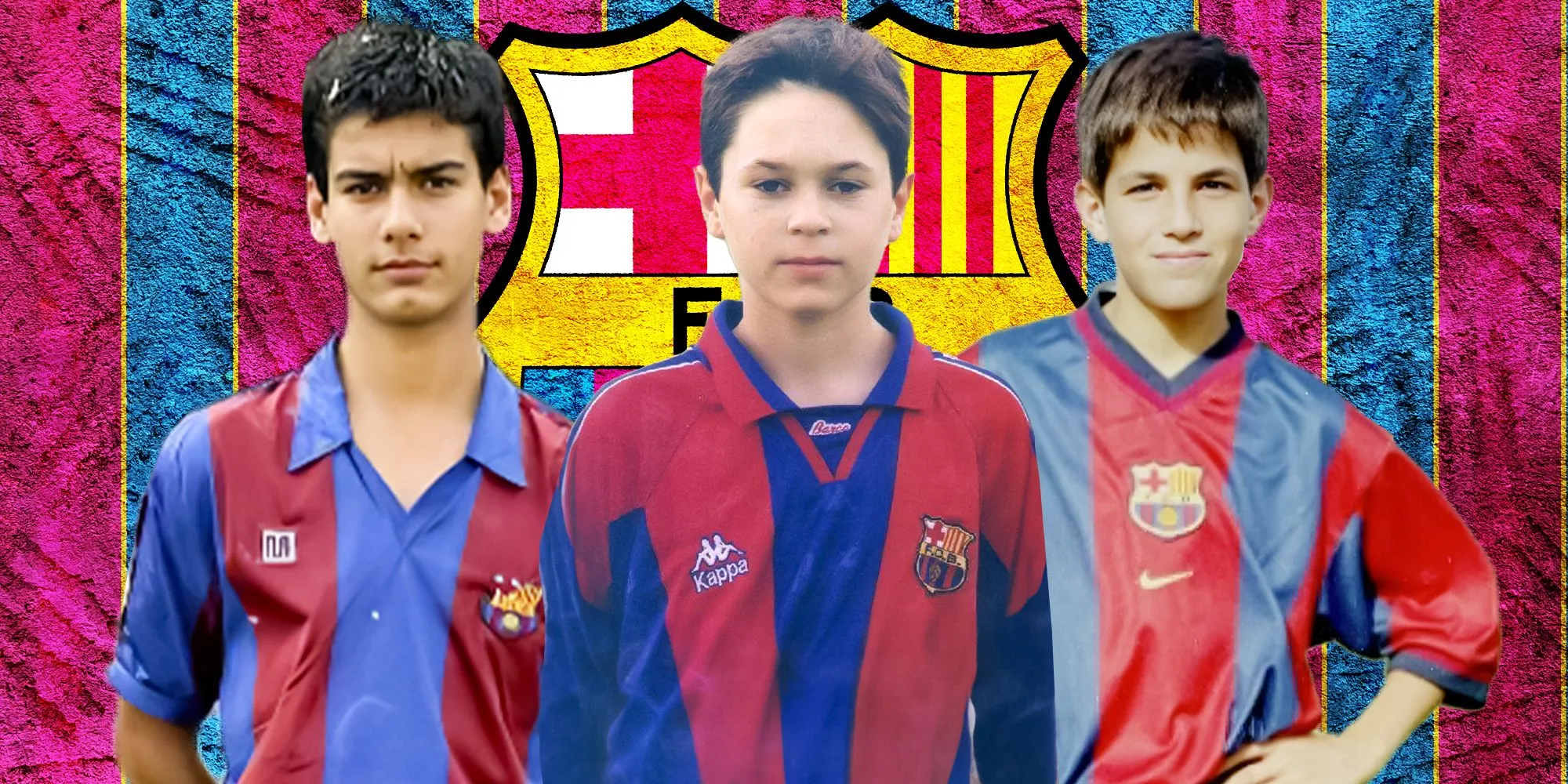 Pep Guardiola, Andres Iniesta và Cesc Fabregas thời trẻ tại Barcelona với biểu tượng câu lạc bộ ở phía sau