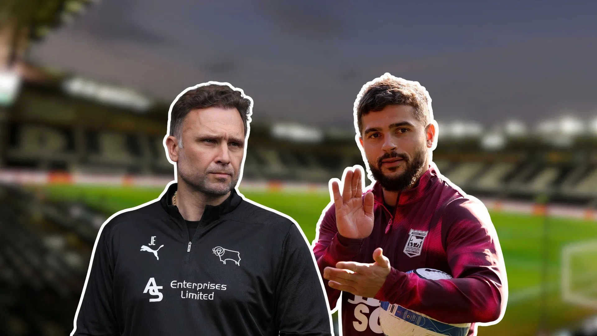 Sân vận động Pride Park của Derby County cùng hình ảnh Sam Morsy và HLV John Eustace